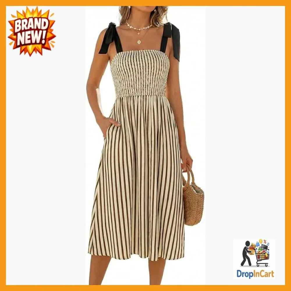 Smocked Midi Dress Sleeveless Tie Shoulder Flowy A-Line Boho Chic Summer